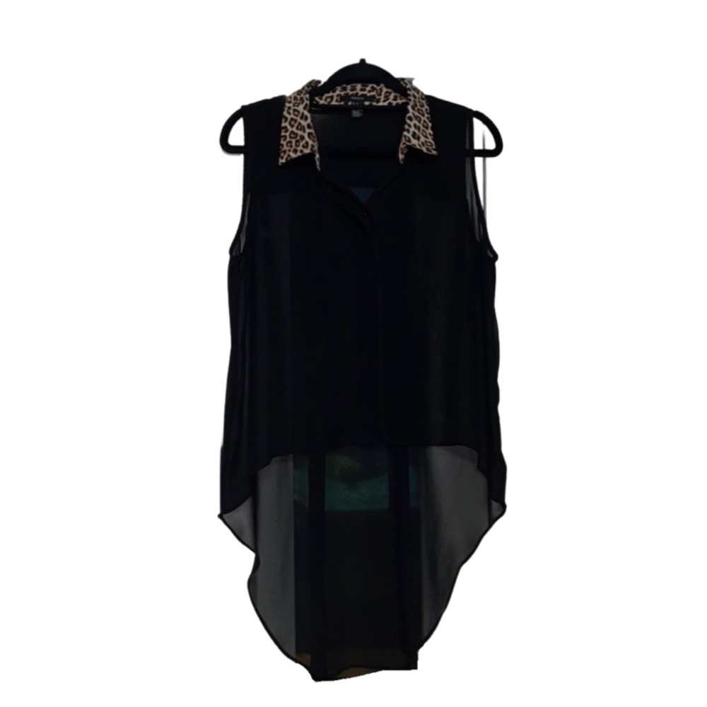 F21 Cheetah Collar Hi Low Blouse - Black - Size M